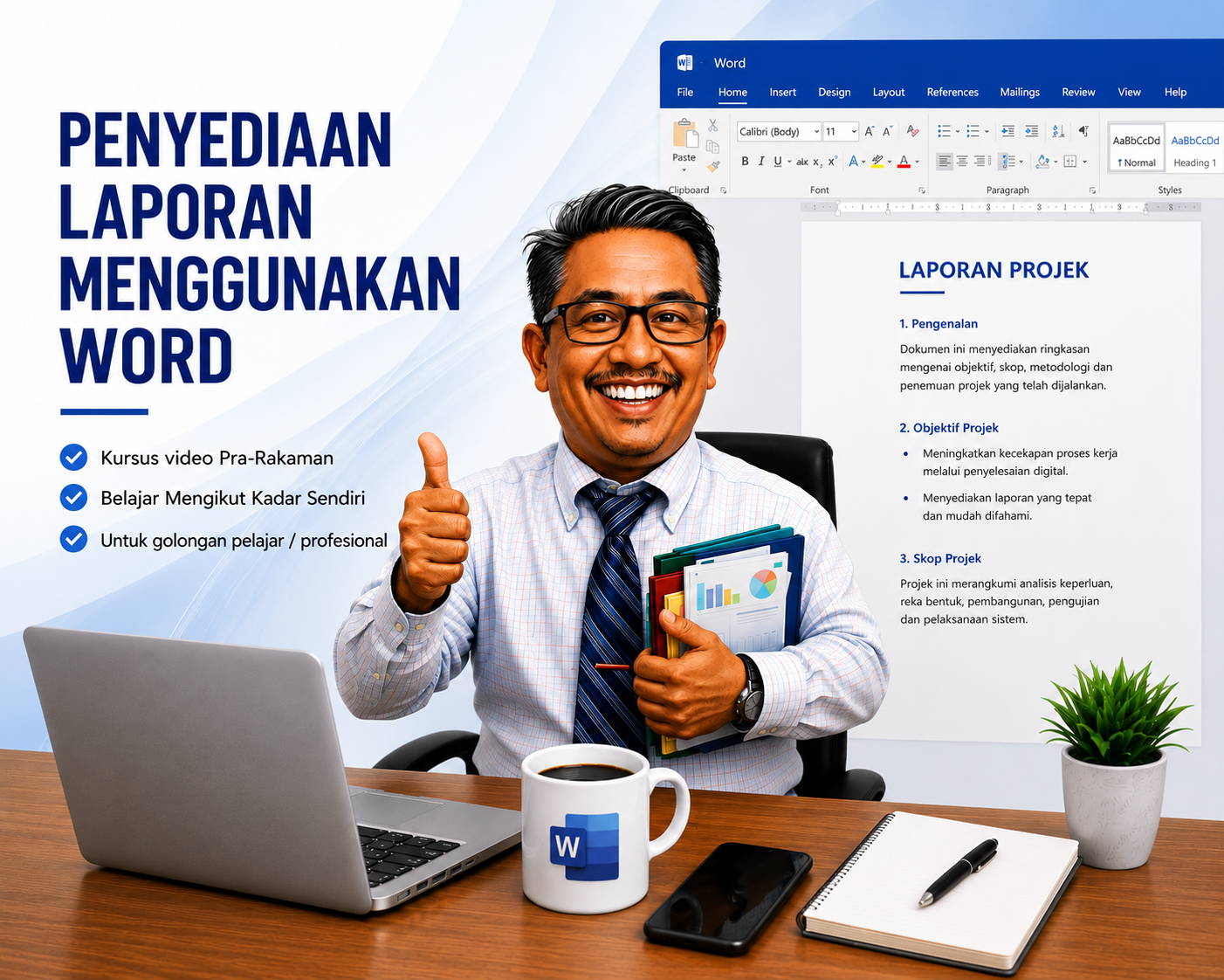 Penyediaan Laporan Menggunakan Word — kursus video pra-rakaman Active Mind